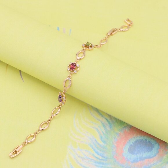 "Elegant Multicolor Oval Link Rose Gold Bracelet with Gemstones, XPBL1019 - Picture 5 of 11